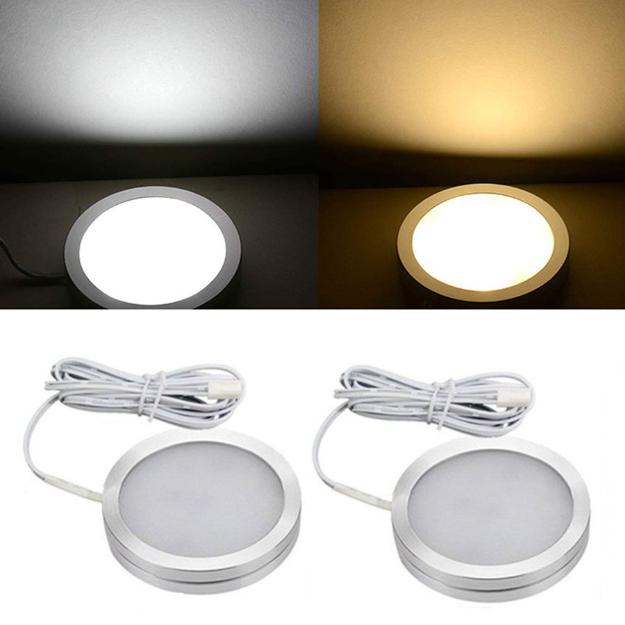 12V LED Under Cabinet Light Kit 3 Packs Slim Aluminum Puck Lights with 2-Way Switch All Accessories for Counter Closet Light