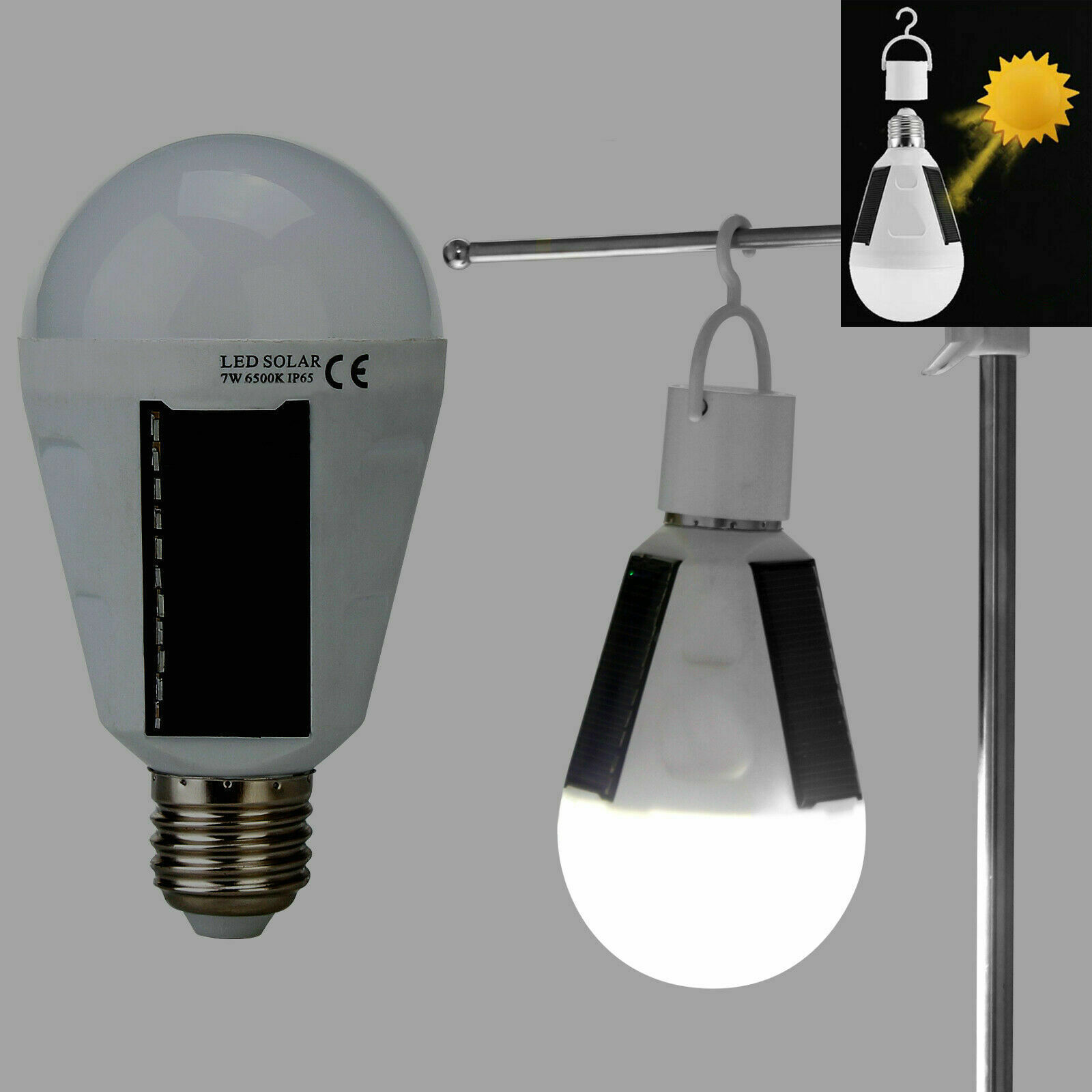 Portable LED Bulb Light Solar Powered Outdoor Garden Lights E27 7W Hanging Bulbs