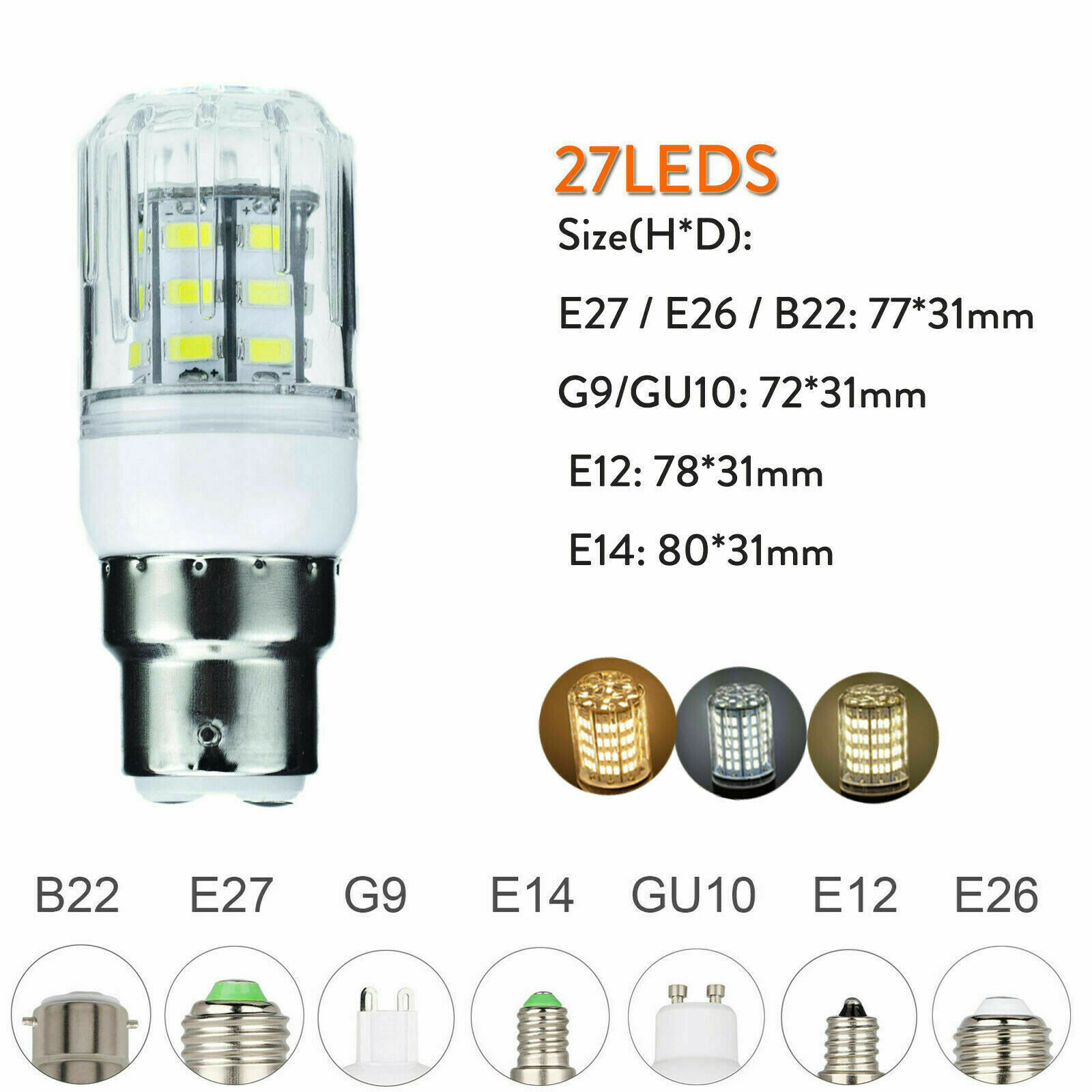 E12 E26 E14 E27 B22 G9 G10 LED Corn Light Bulbs 5730 SMD 27 LEDS Lamp