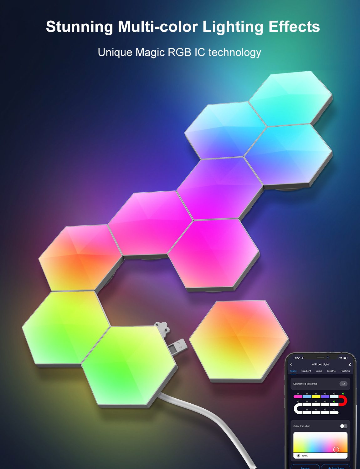 Remote Control Hexagon Wall Light,Smart Wall-Mounted Touch-Sensitive DIY Geometric Modular Assembled RGB led Colorful Light