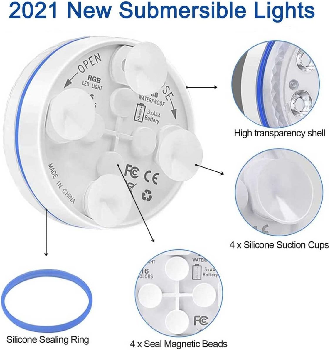 Submersible LED Light Waterproof IP68 RGB Underwater Pool Light with RF Remote 13 Bead Suction Cup Battery Operated Shower Light