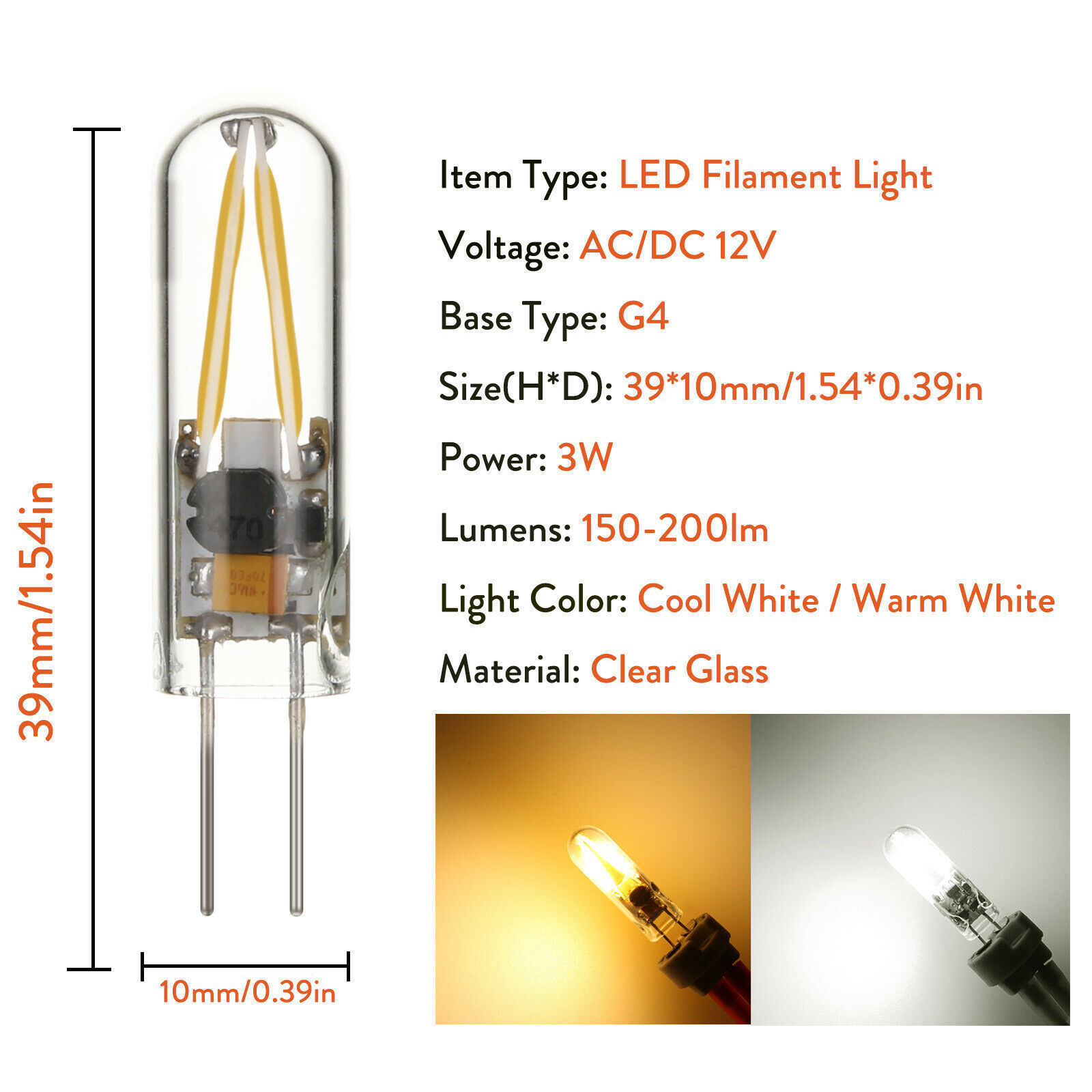 Mini G4 COB LED Filament Light Bulb 3W 12V Replace 15W Halogen Lamps Glass Cover AC/DC 12V 200LM Warm White, Cool White