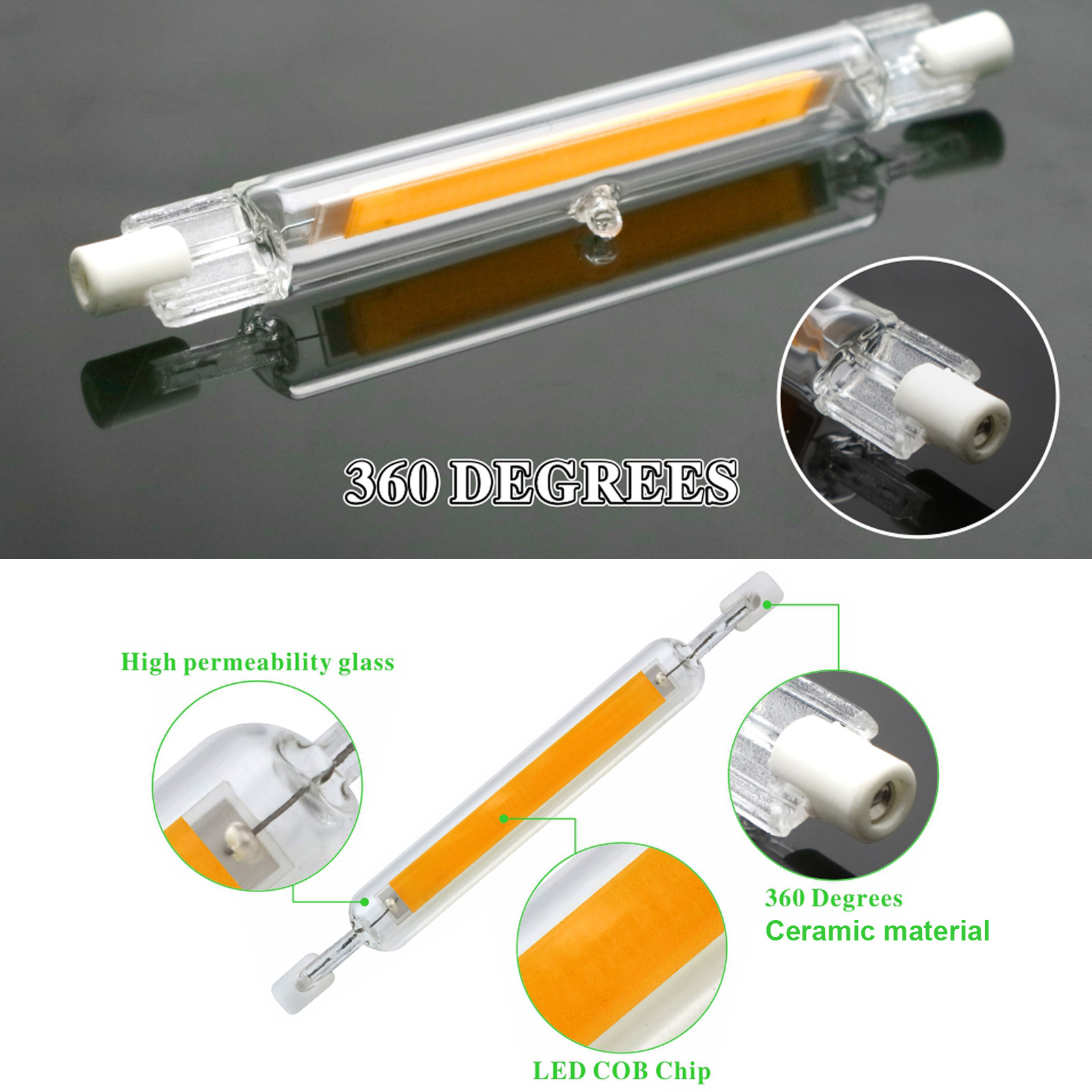 Dimmable R7s LED Glass Tube Light COB Bulbs 10W 118mm Replace 100W Halogen Lamp 1000LM 110V J Type 360 Degrees Glass + Ceramics