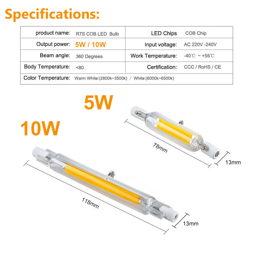 Dimmable R7s LED Glass Tube Light COB Bulbs 10W 118mm Replace 100W Halogen Lamp 1000LM 110V J Type 360 Degrees Glass + Ceramics