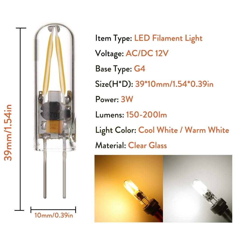 Mini G4 COB LED Filament Light Bulb 3W 12V Replace 15W Halogen Glass Lamps Cool Warm White LEDS Replace Halogen Pendant Lamp