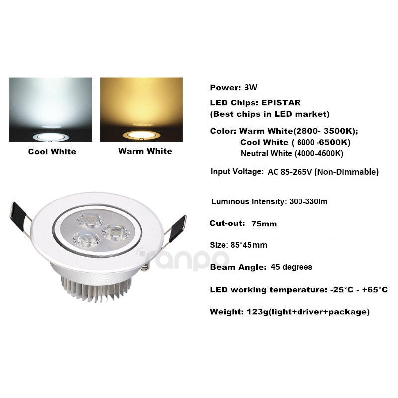 LED Ceiling Light Bulb 3W Recessed Downlight 110V - 220V Spotlight Lamp Round Down Light with Driver, 3000-6500K, Cut-out 75mm