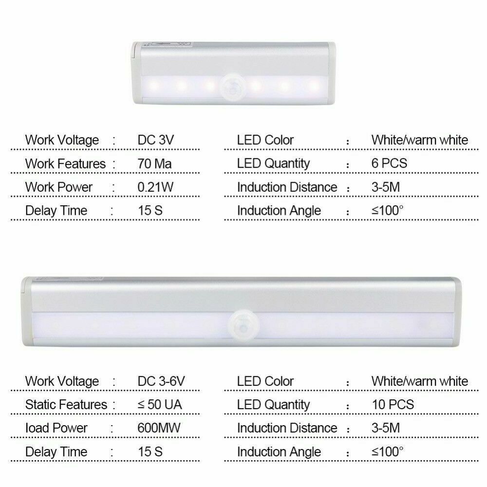 98mm 6LEDs LED Cabinet Light Lamp Under Cabinet PIR Motion Sensor Battery Powered Closet Light Desk Drawer Lamp Night Light