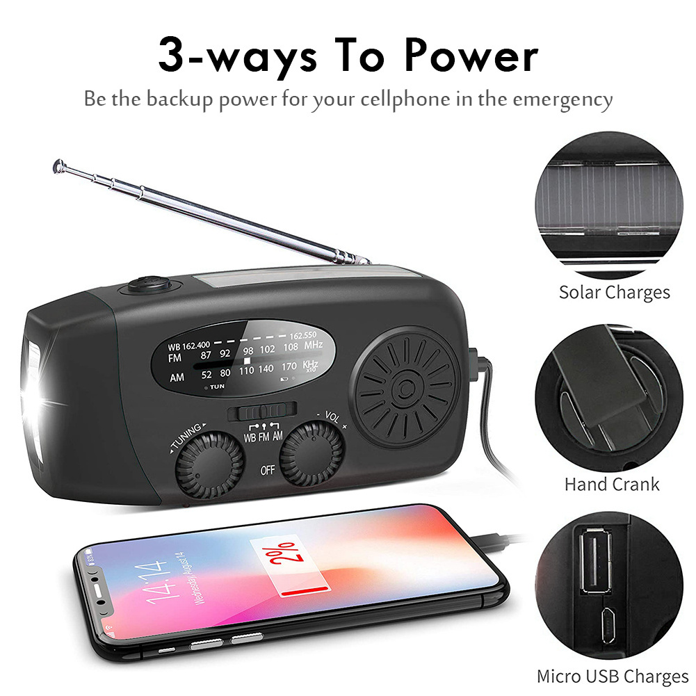 Multifunctional Hand radio Solar Crank Dynamo Powered AM/FM/NOAA Weather Radio Use Emergency LED Flashlight and Power Bank