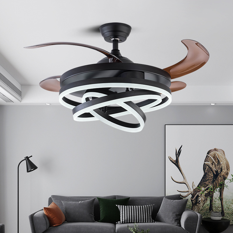 Ceiling Fan with Light,Telescopic Adjustable Geometric 3-Color LED Lamp Modern Smart Retractable Ceiling Fan for Bedroom