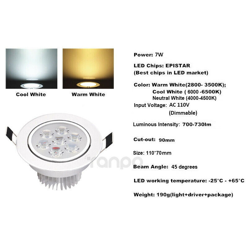 Downlight LED Dimmable Recessed Ceiling Light Spotlight Lamp 7W 110V Round Down Light with Driver, 3000K - 6500K, Cut-out 90mm