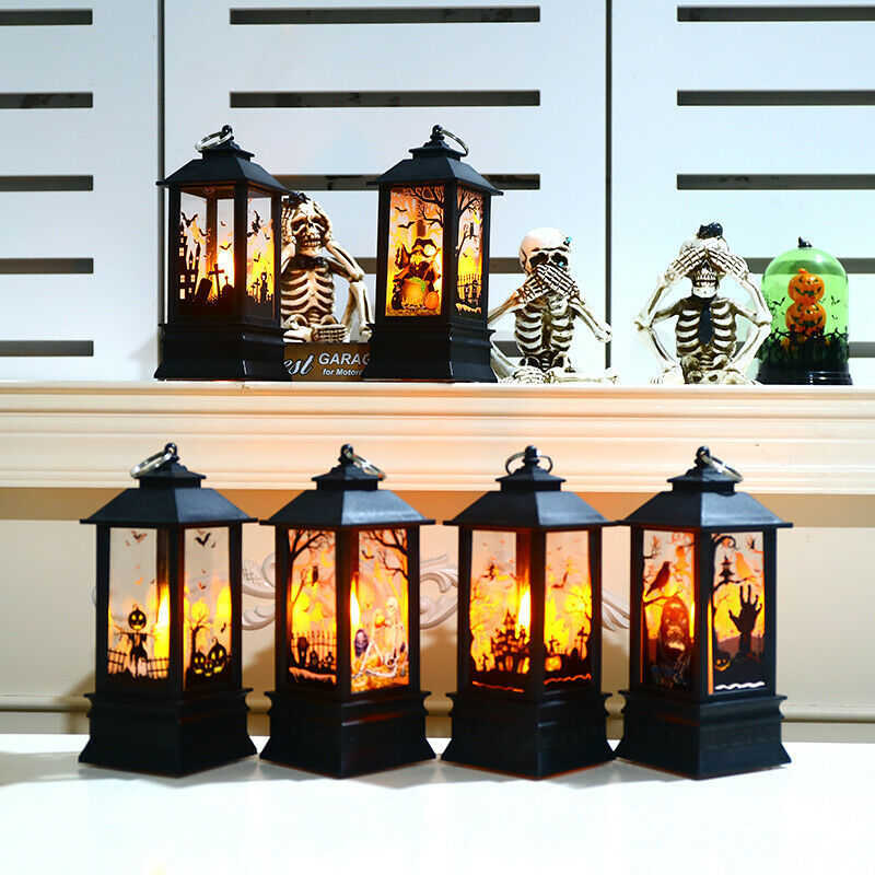 Hanging Halloween Vintage Lantern Flame Holiday Lights LED Candle Light Battery Powered Ornaments Home Party Decor