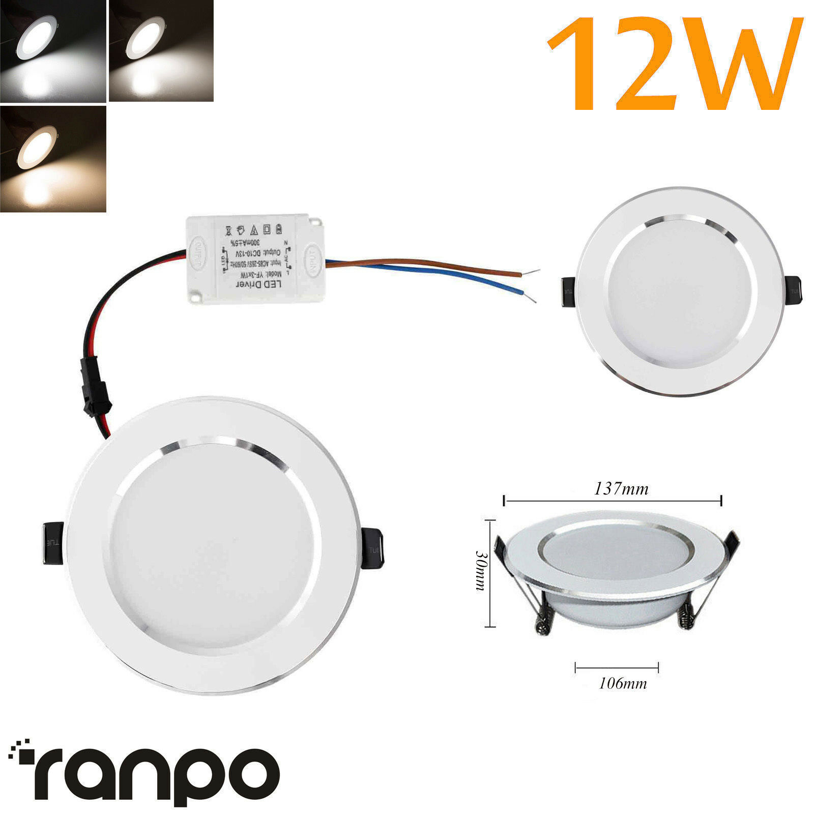 12w Dimmable Round LED Ceiling Panel Downlight Recessed Ceiling Down Lights