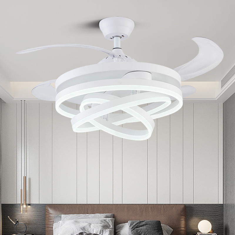 Ceiling Fan with Light,Telescopic Adjustable Geometric 3-Color LED Lamp Modern Smart Retractable Ceiling Fan for Bedroom