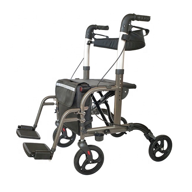 Lightweight folding rollator walker with seat and footrest for disabled