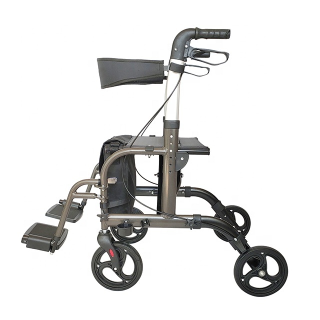 Lightweight folding rollator walker with seat and footrest for disabled