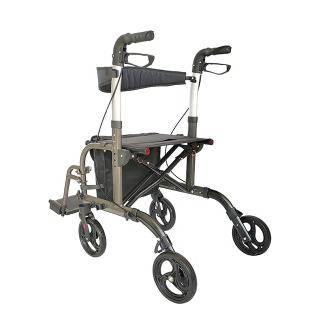 Lightweight folding rollator walker with seat and footrest for disabled