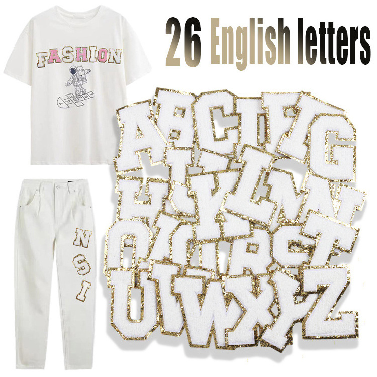 Hot Alphabet glitter iron on patch letters white large embroidered chenille puffy letter patches with gold trim for women shirts