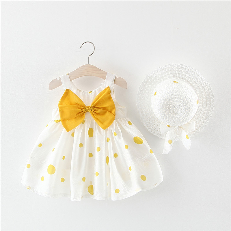 Top Fashion Dress Sleeveless Backless Big Bow Decoration Floral Skirt Baby Girl Party Dress With Hat