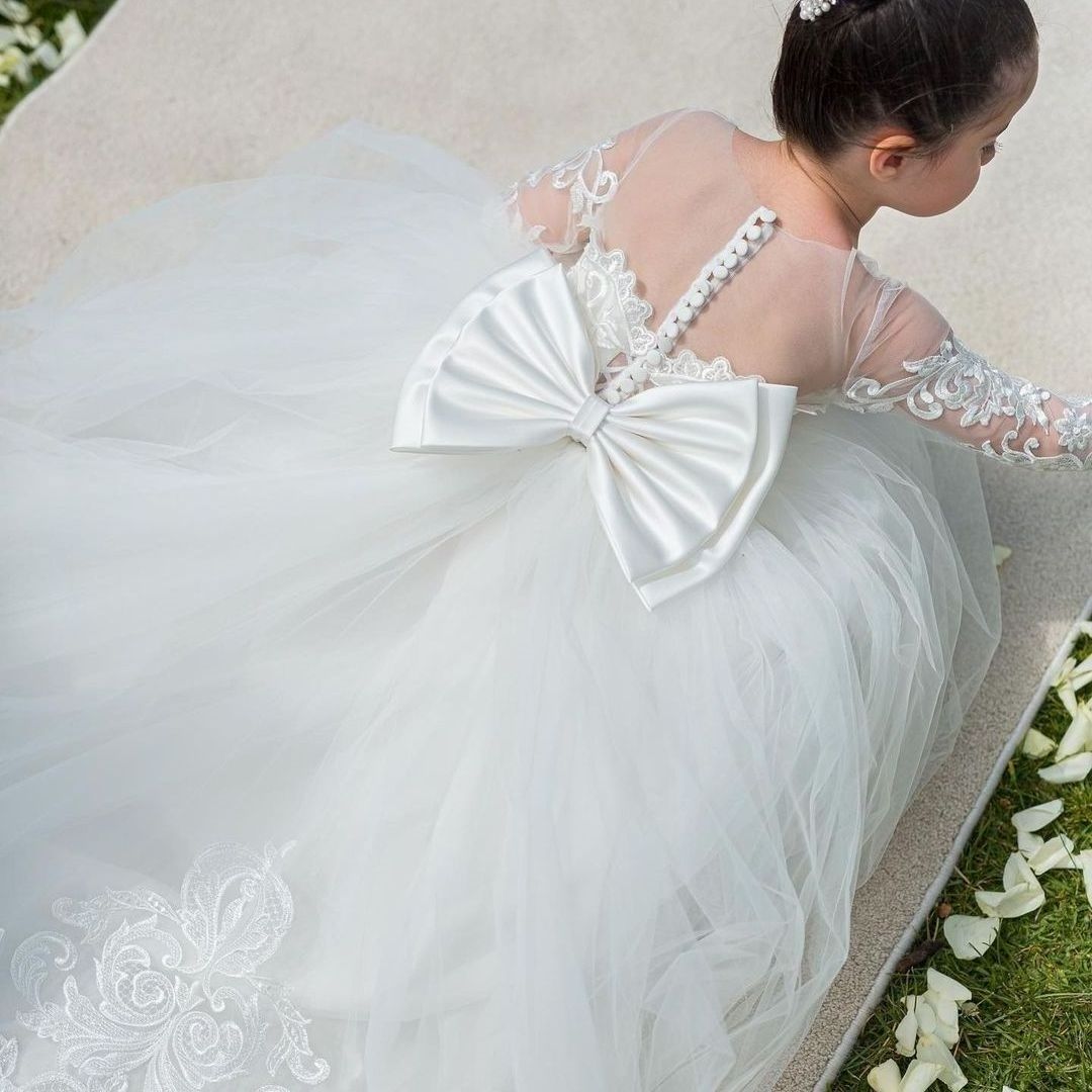 Rarewe Popular Custom Applique Lace Tulle Princess Dress Girls Long Sleeve Gowns Flower Girl Wedding Dresses