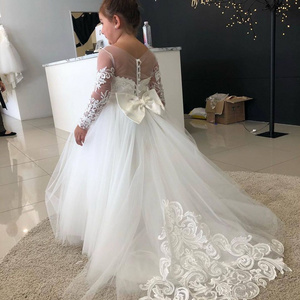 Rarewe Popular Custom Applique Lace Tulle Princess Dress Girls Long Sleeve Gowns Flower Girl Wedding Dresses