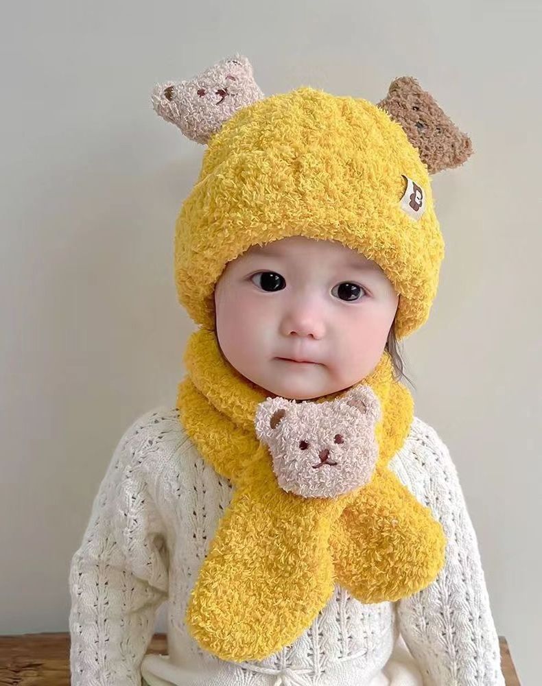 Rarewe Autumn Winter Baby Plush Hat Cartoon Little Bear Knitted Hat Thickened Children Warm Hat Scarf Two Piece Set