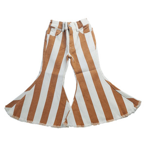 Rarewe RTS Orange Color Elastic Ruffle Bottom Pants Kids Striped Bell Bottoms For Baby Girls Bell Bottoms