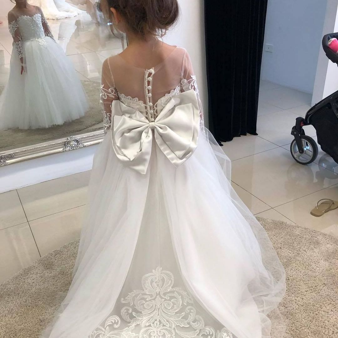 Rarewe Popular Custom Applique Lace Tulle Princess Dress Girls Long Sleeve Gowns Flower Girl Wedding Dresses