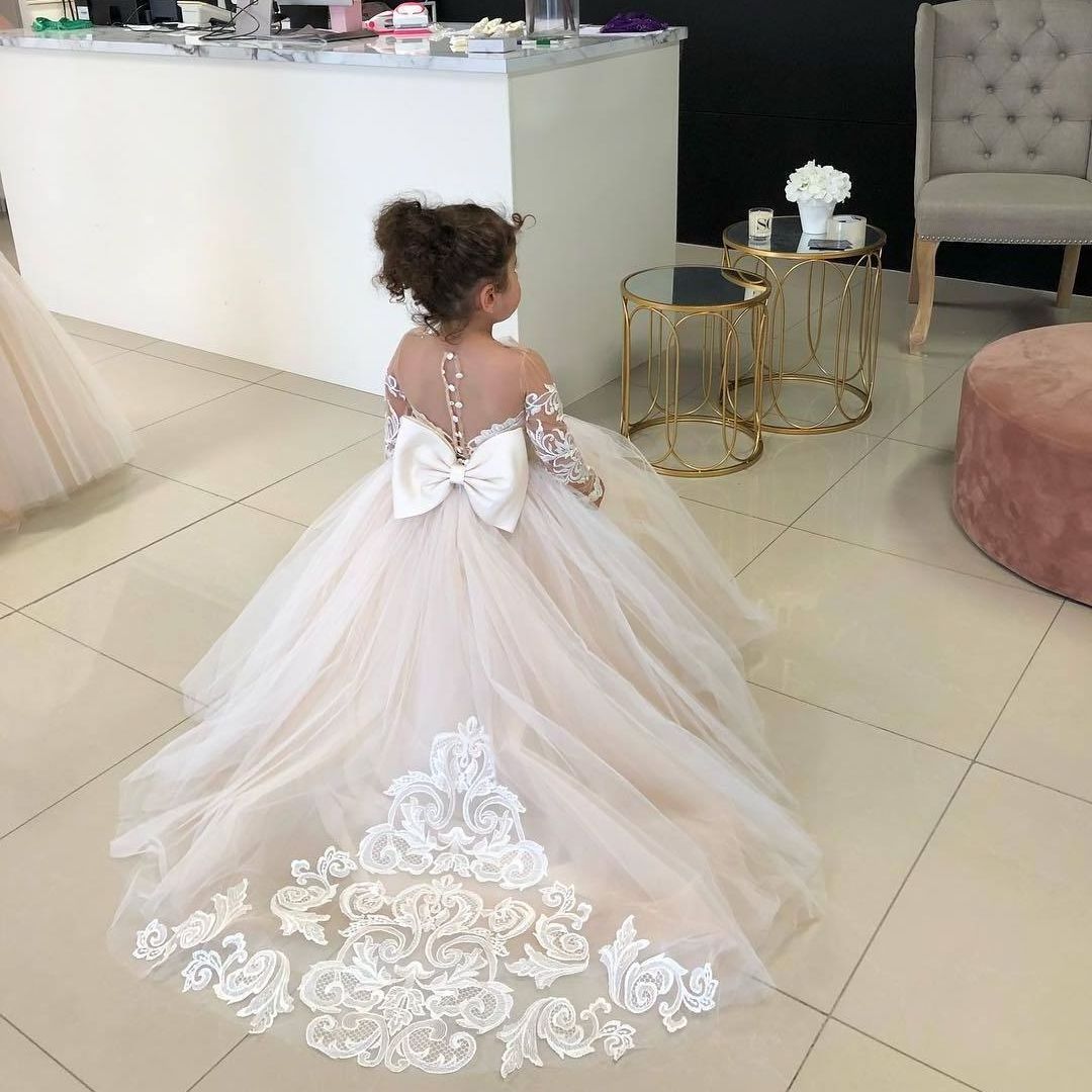 Rarewe Popular Custom Applique Lace Tulle Princess Dress Girls Long Sleeve Gowns Flower Girl Wedding Dresses