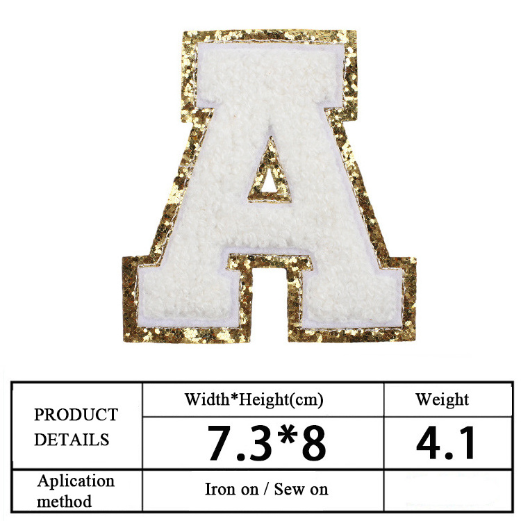 Hot Alphabet glitter iron on patch letters white large embroidered chenille puffy letter patches with gold trim for women shirts