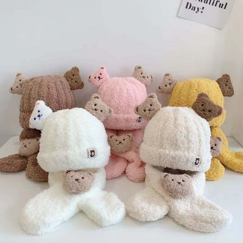 Rarewe Autumn Winter Baby Plush Hat Cartoon Little Bear Knitted Hat Thickened Children Warm Hat Scarf Two Piece Set