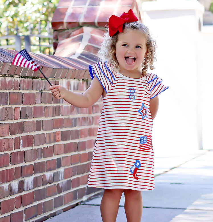 Rarewe Original Design 4th of July Independence Day Red And White Stripe Star Ruffle Sleeves Dress