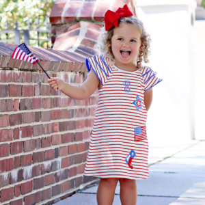 Rarewe Original Design 4th of July Independence Day Red And White Stripe Star Ruffle Sleeves Dress