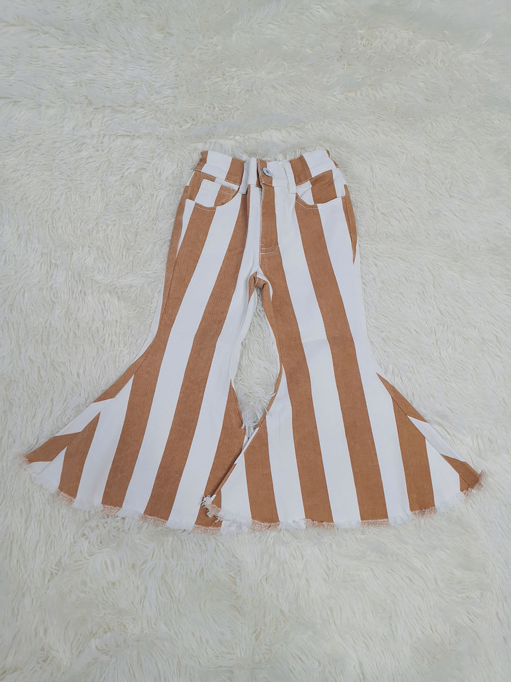 Rarewe RTS Orange Color Elastic Ruffle Bottom Pants Kids Striped Bell Bottoms For Baby Girls Bell Bottoms