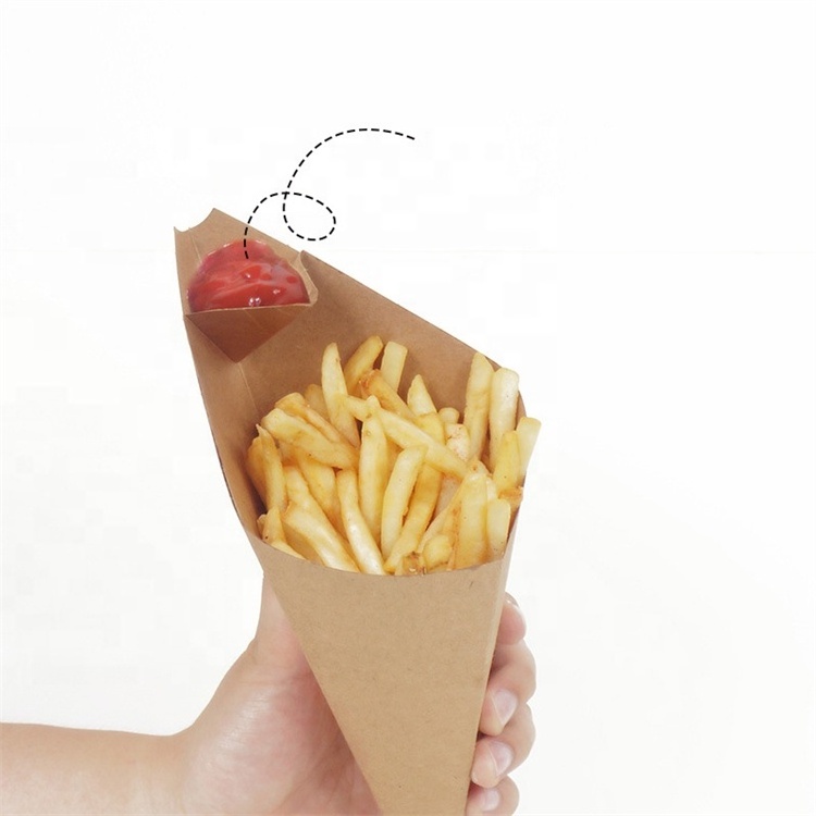 Custom Logo Printed Food Cardboard Paper Triangular French Fries Cone Box with Sauce