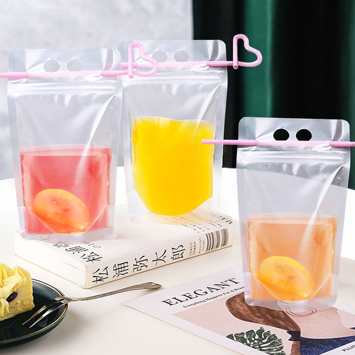 Accept Logo Translucent Reclosable Zipper Plastic Juice Water Beverage Liquid Packaging Sack Bags Drink Pouches with Straws