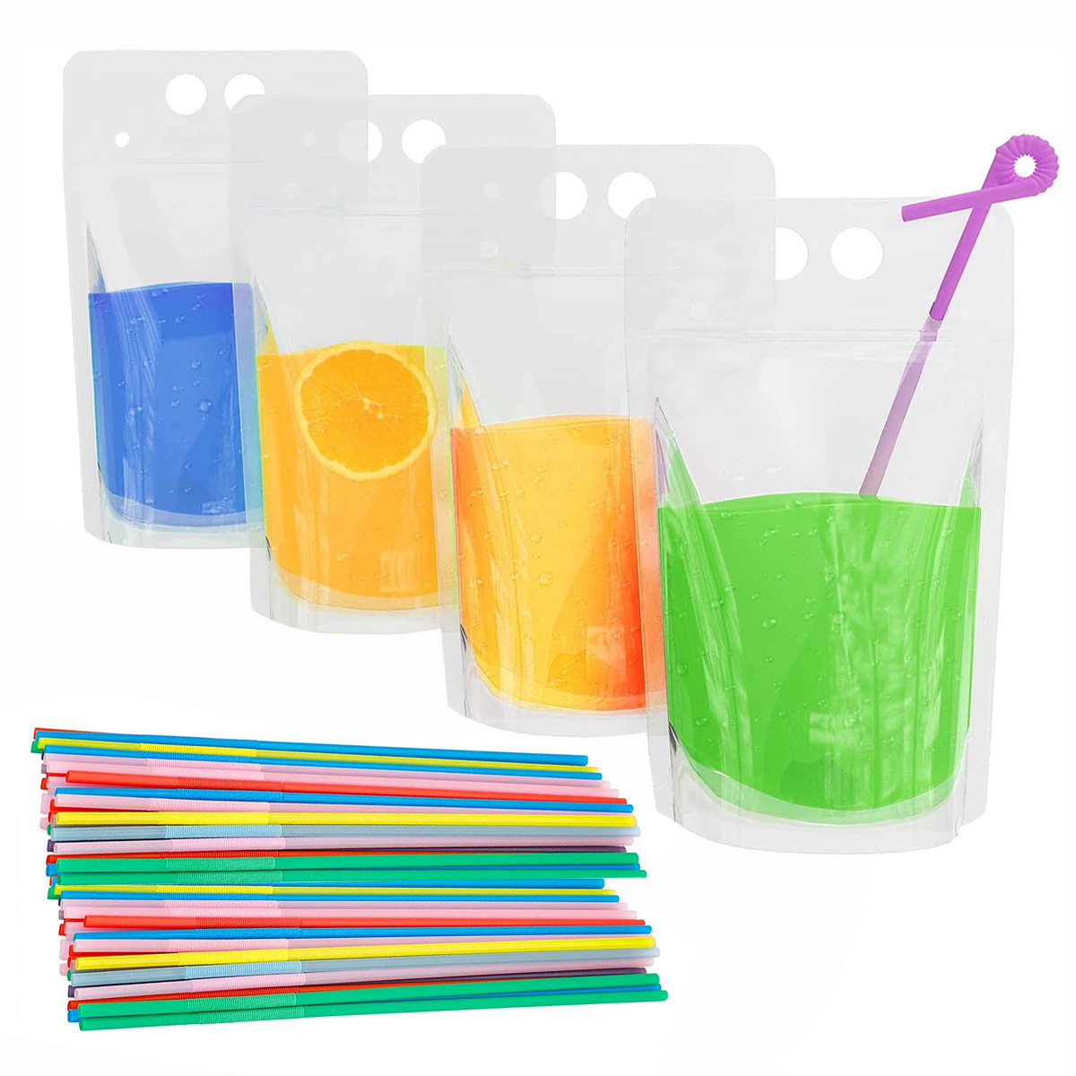 Accept Logo Translucent Reclosable Zipper Plastic Juice Water Beverage Liquid Packaging Sack Bags Drink Pouches with Straws