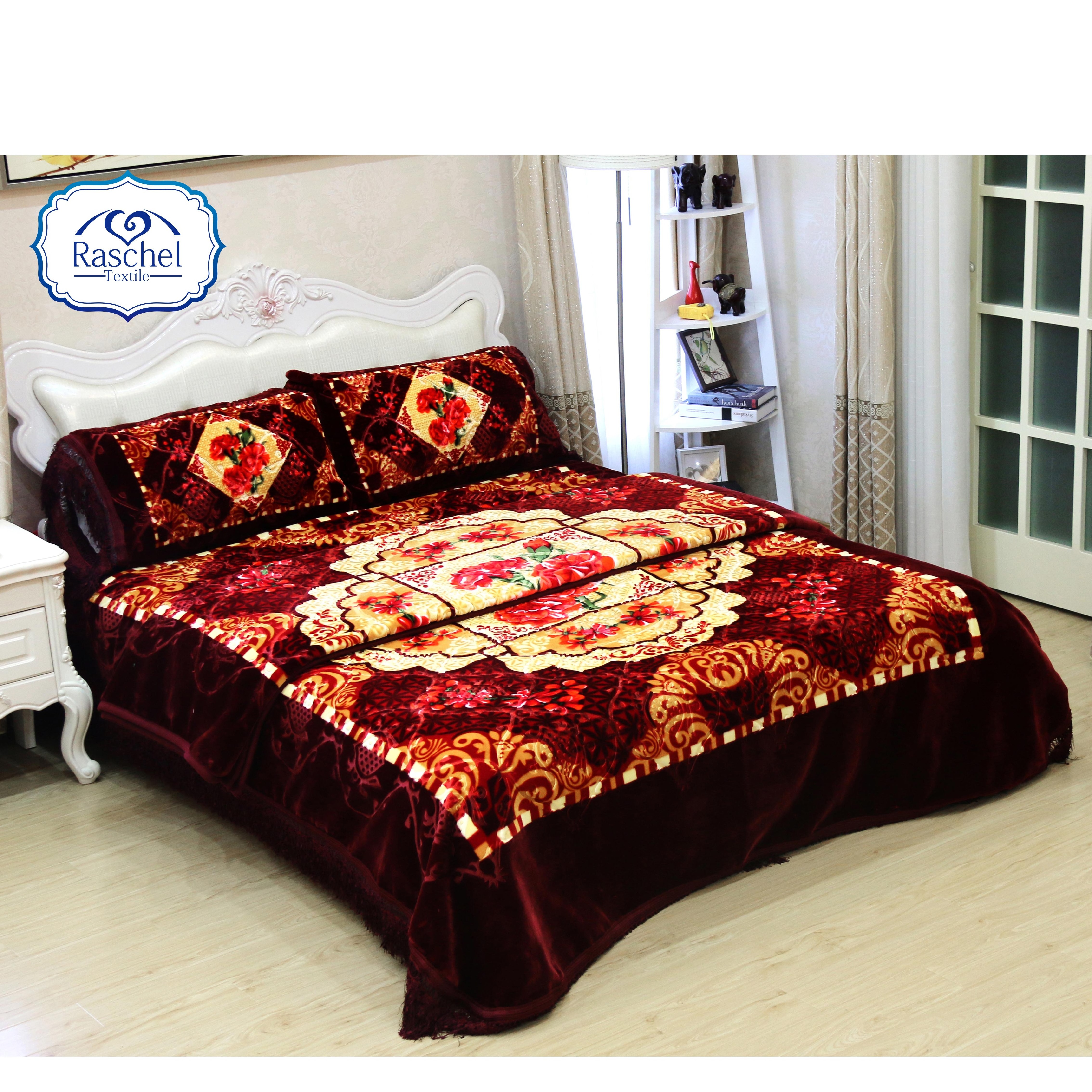 Classic Flower Design Middle East Style Super Soft Embossed 4pcs Raschel Blanket Set