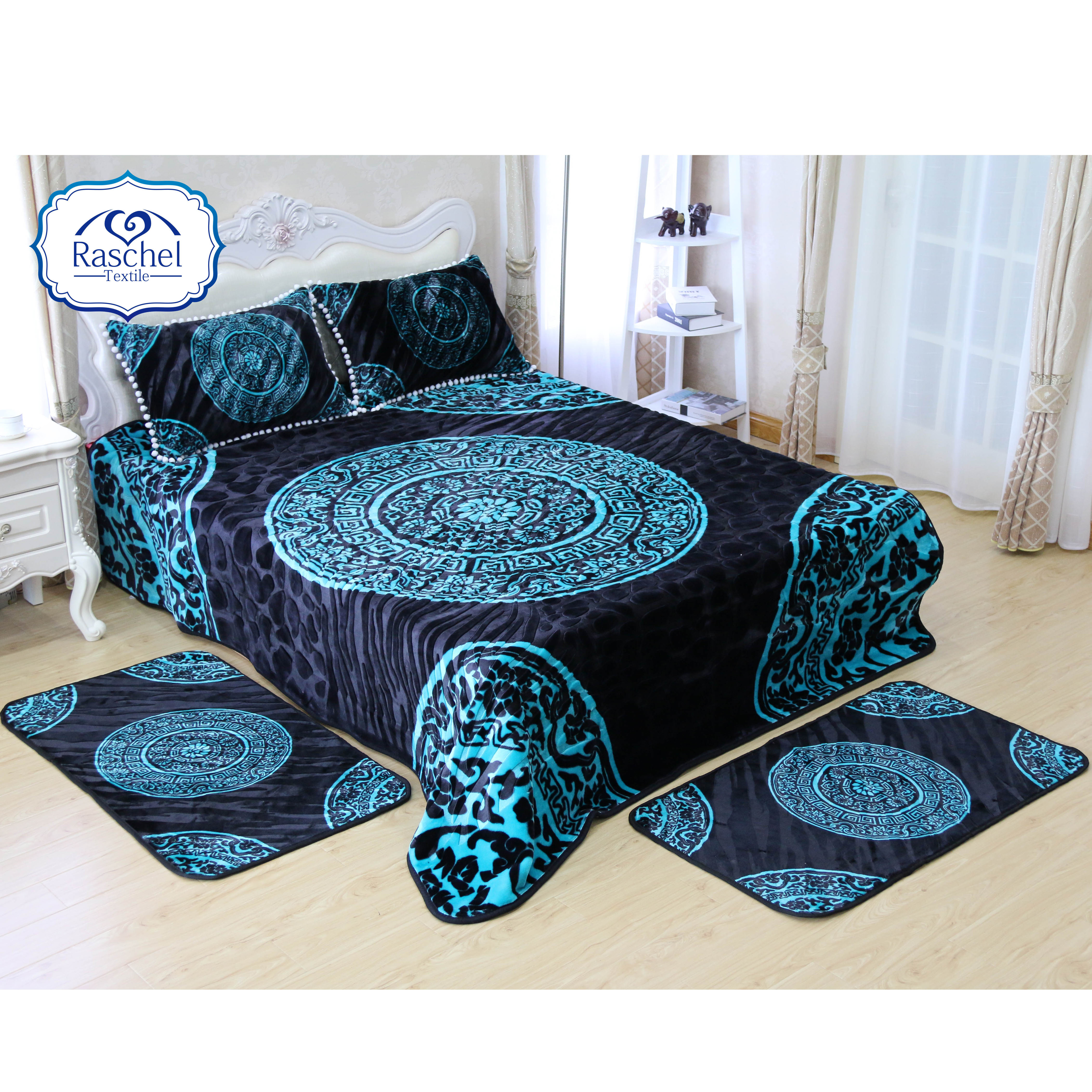 Hot Sale 100% Polyester Luxury Queen Size Embossed Mink Blanket Set / 5 Pcs Ball blanket Set