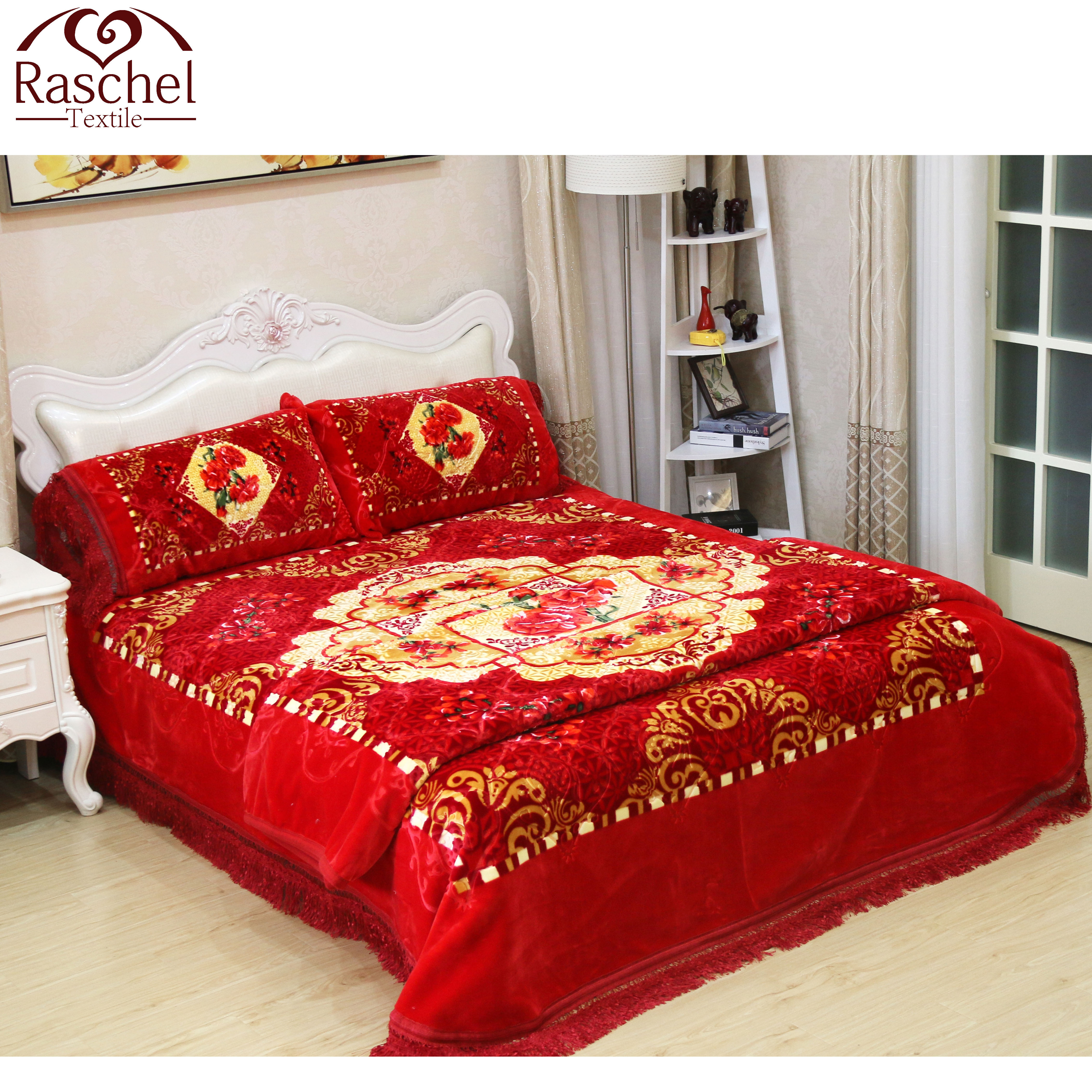 Classic Flower Design Middle East Style Super Soft Embossed 4pcs Raschel Blanket Set