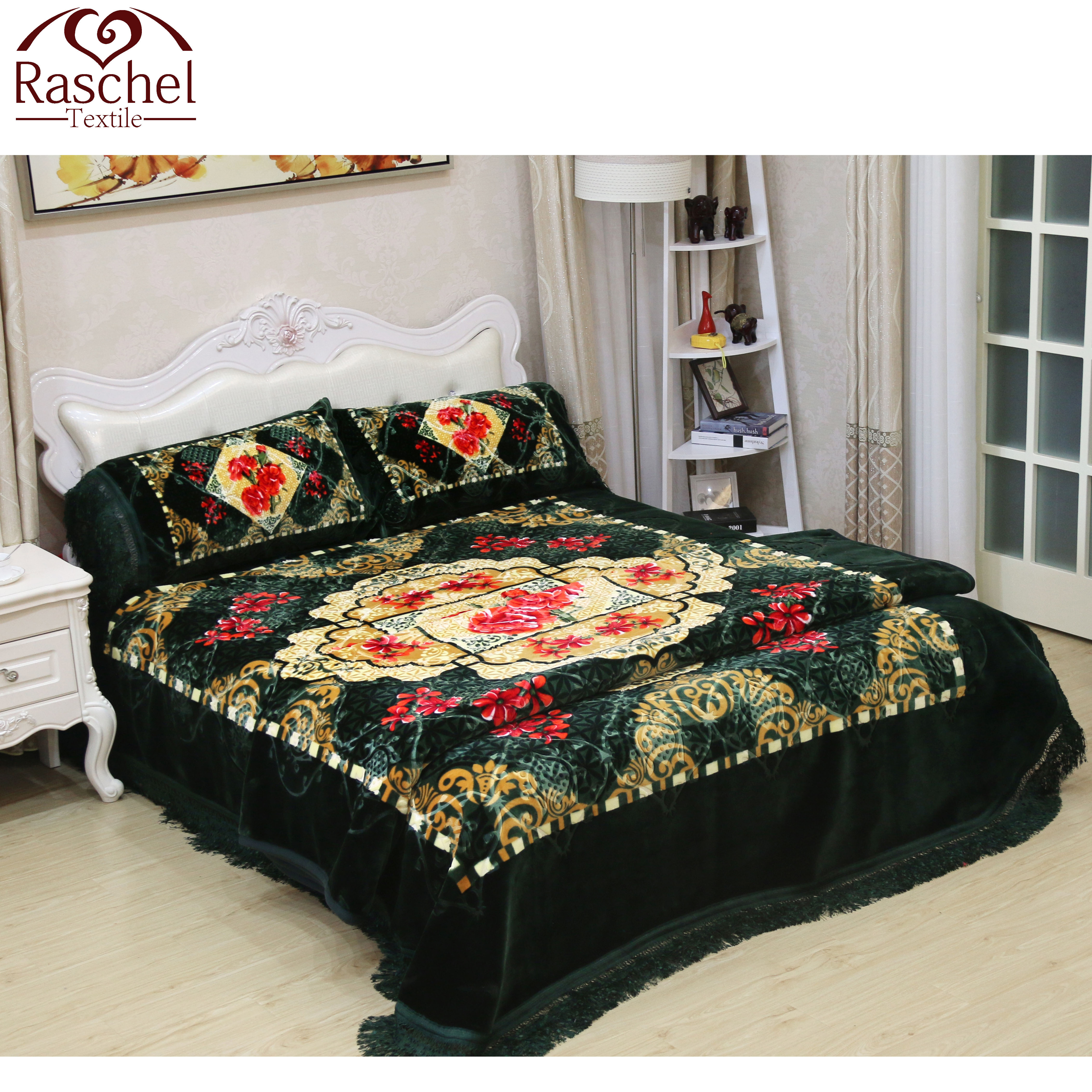 Classic Flower Design Middle East Style Super Soft Embossed 4pcs Raschel Blanket Set