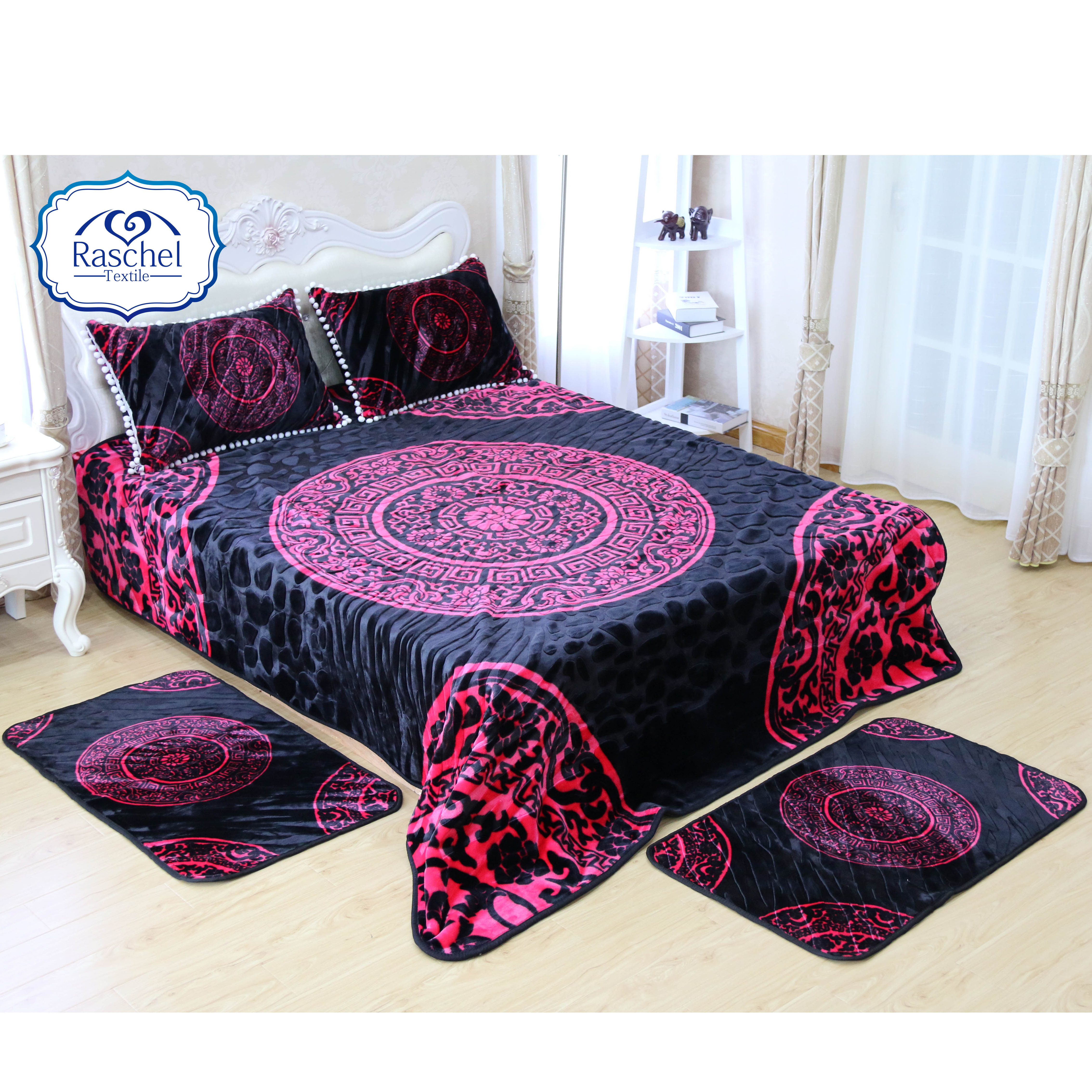 Hot Sale 100% Polyester Luxury Queen Size Embossed Mink Blanket Set / 5 Pcs Ball blanket Set