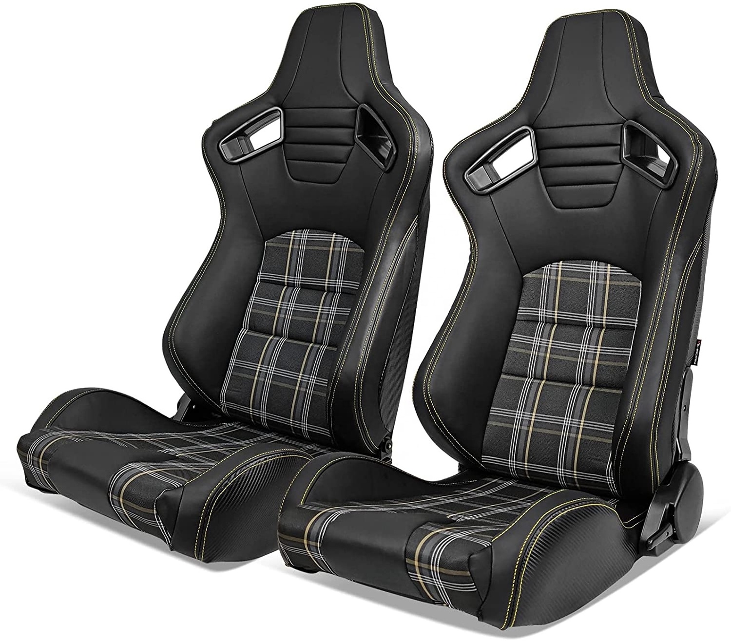 Jiabeir Universal Racing Bucket Seats Pair With Dual Sliders PVC Yellow Stitch Fabric Carbon Leather Reclinable Left Right