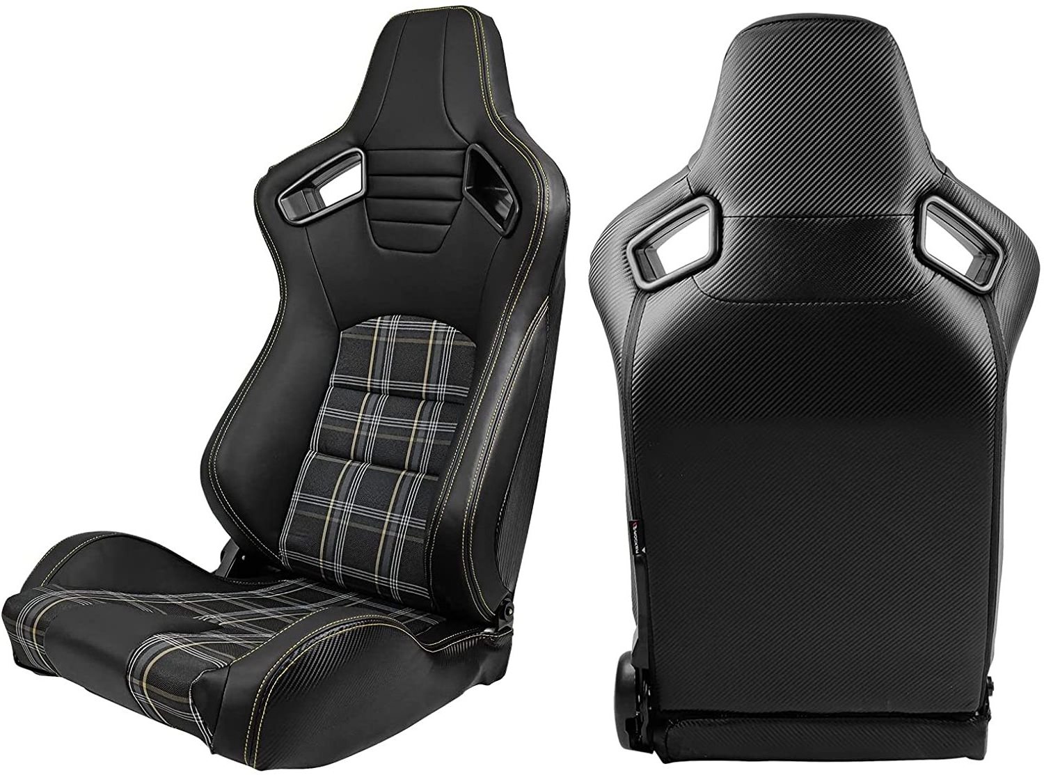 Jiabeir Universal Racing Bucket Seats Pair With Dual Sliders PVC Yellow Stitch Fabric Carbon Leather Reclinable Left Right