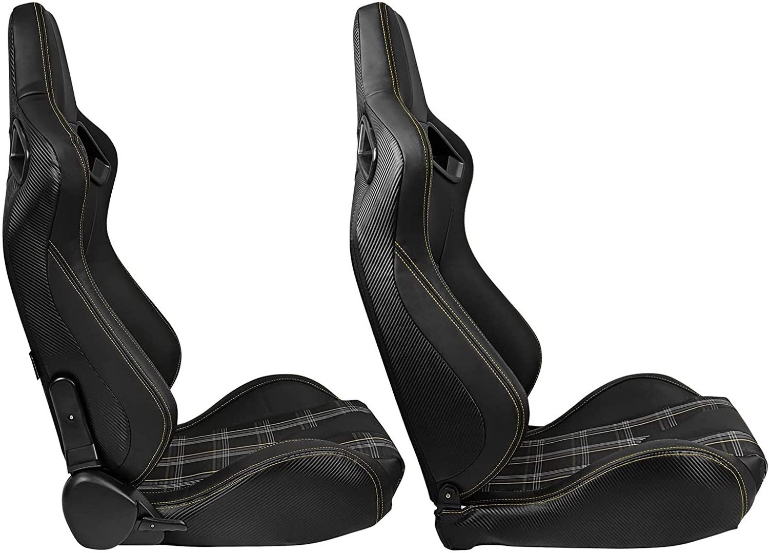 Jiabeir Universal Racing Bucket Seats Pair With Dual Sliders PVC Yellow Stitch Fabric Carbon Leather Reclinable Left Right