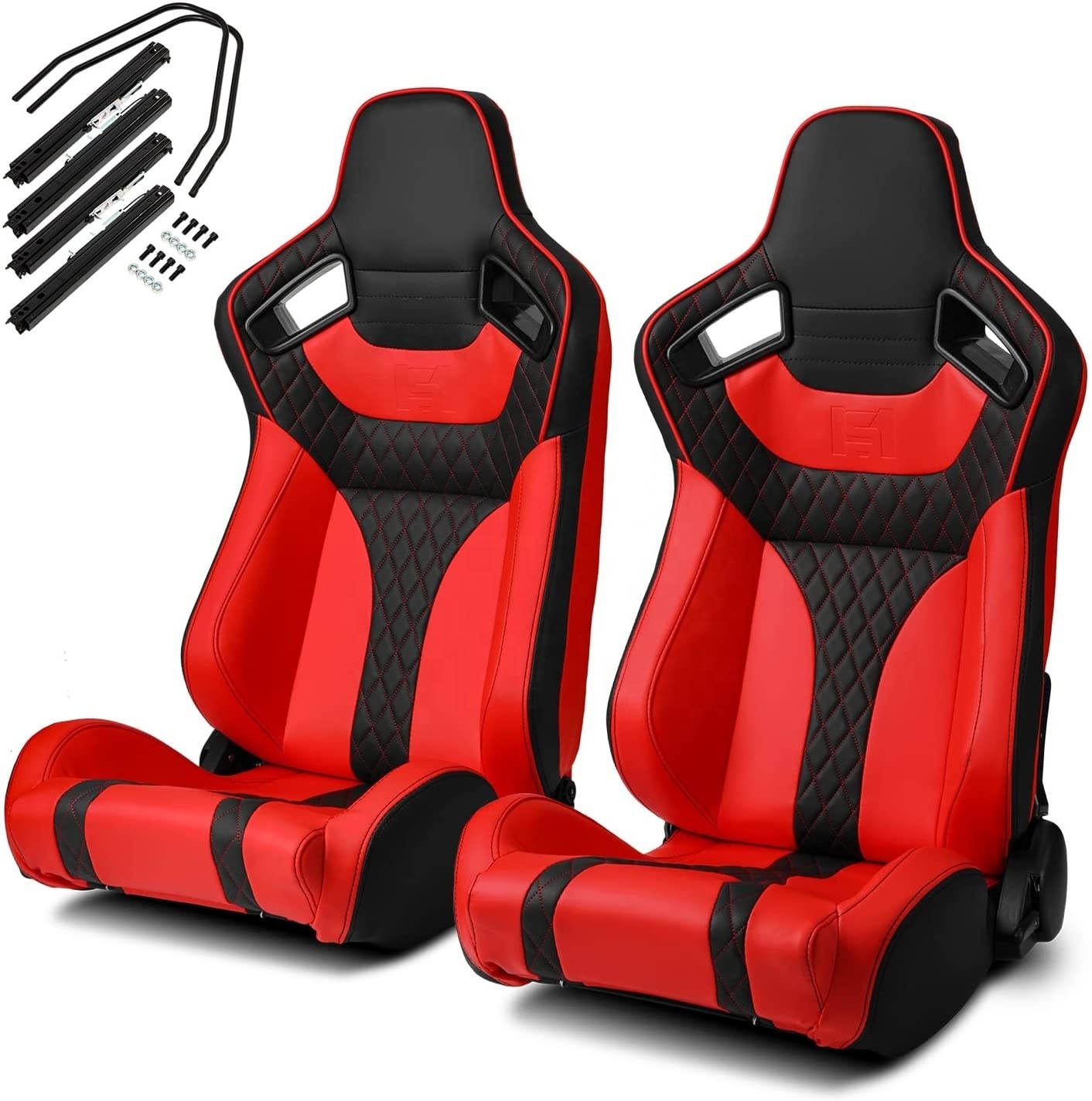 Jiabeir Recaro Reclinable Black Red PVC Leather Black Stitch Racing Bucket Seats With Slider