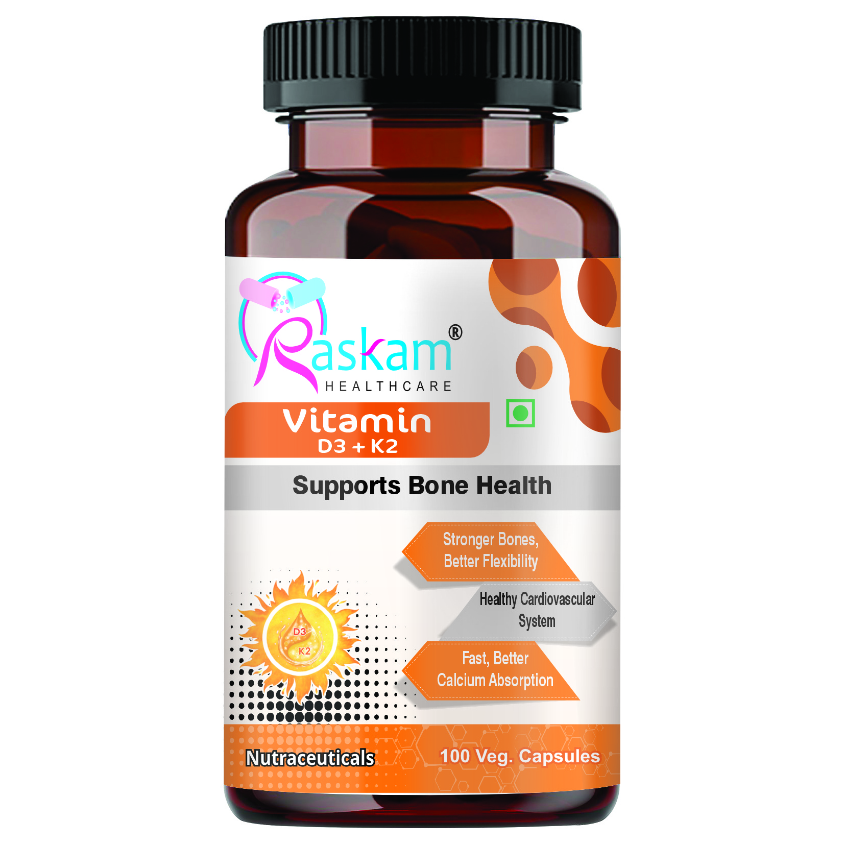 Supply High Quality Raskam Vitamin D3+K2 Supports Bone Health -100 Veg Capsules  Better Calcium Absorption