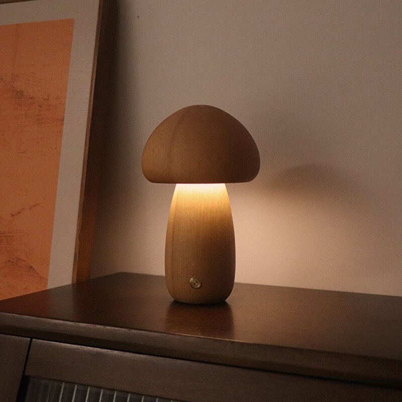 Modern Mushroom Led Night Lamp Brightness Adjustable Wooden Mushroom Touch Switch Table Night Light