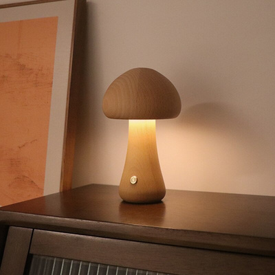 Modern Mushroom Led Night Lamp Brightness Adjustable Wooden Mushroom Touch Switch Table Night Light