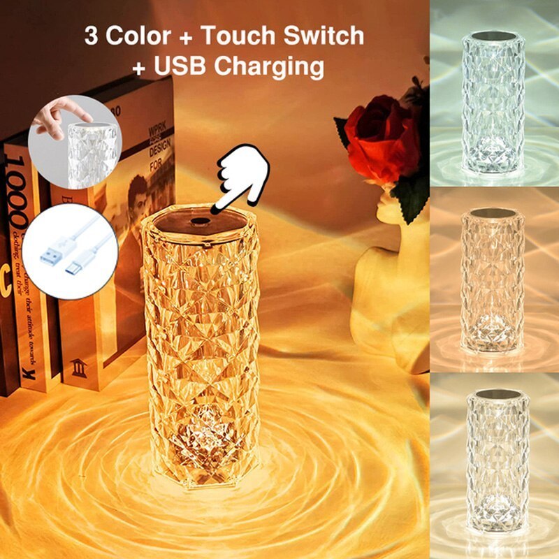 Home Decoration Rose Crystal Touch Restaurant Desk Light With Battery Rechargeable Led Table Lamp For Bedroom