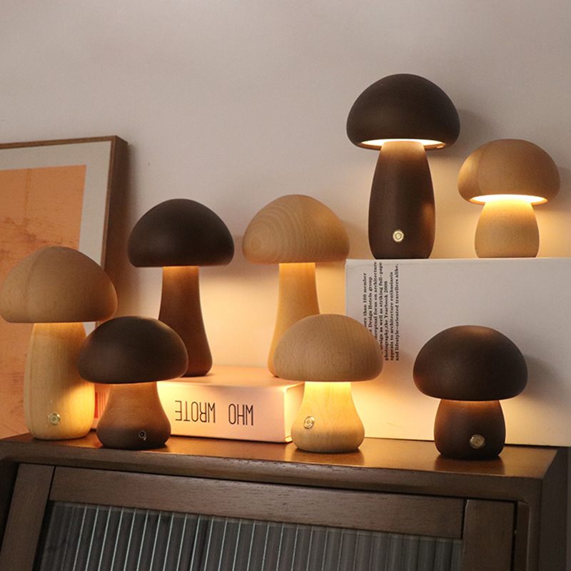 Modern Mushroom Led Night Lamp Brightness Adjustable Wooden Mushroom Touch Switch Table Night Light